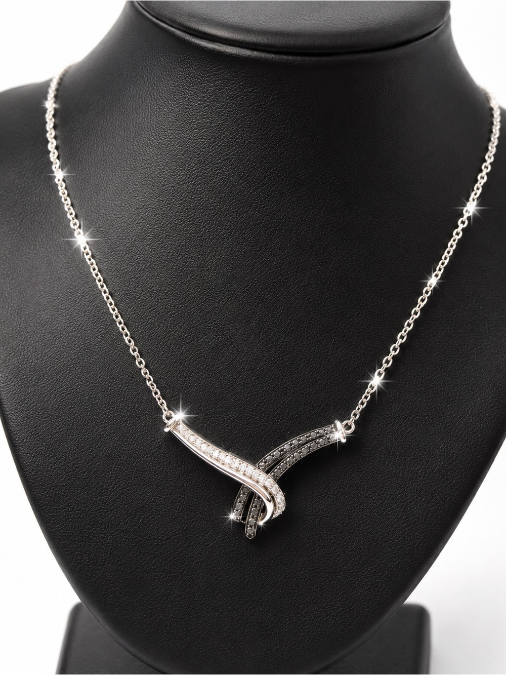 Sterling Silver 925 Ribbon Pendant Necklace with Clear and Black Moissanite